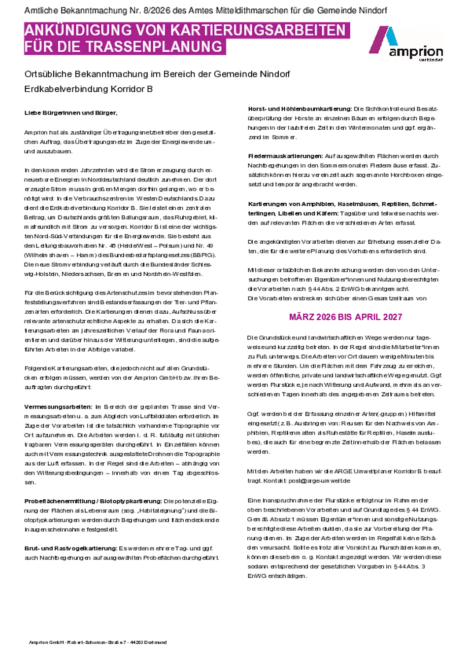 Nr. 8 Ankündigung von Kartierungsarbeiten für die Trassenplanung Erdkabelverbindung Korridor B