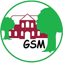 Logo der Grundschule Meldorf mit grafischer Darstellung des Schulgebäudes und zweier Bäume