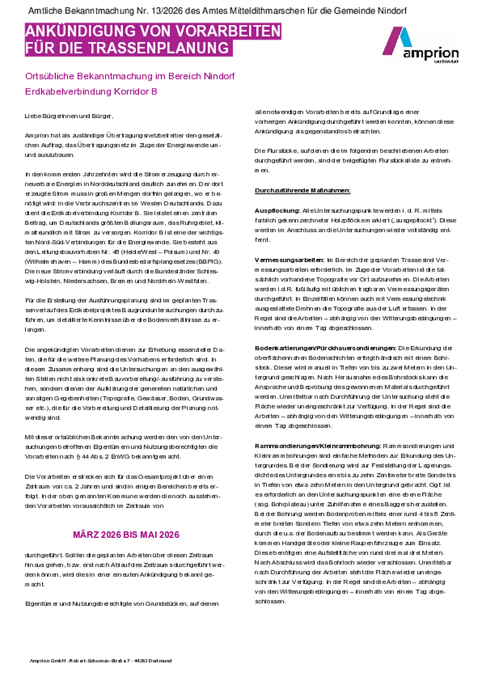 Nr. 13 Ankündigung von Vorarbeiten für die Trassenplanung Erdkabelverbindung Korridor B